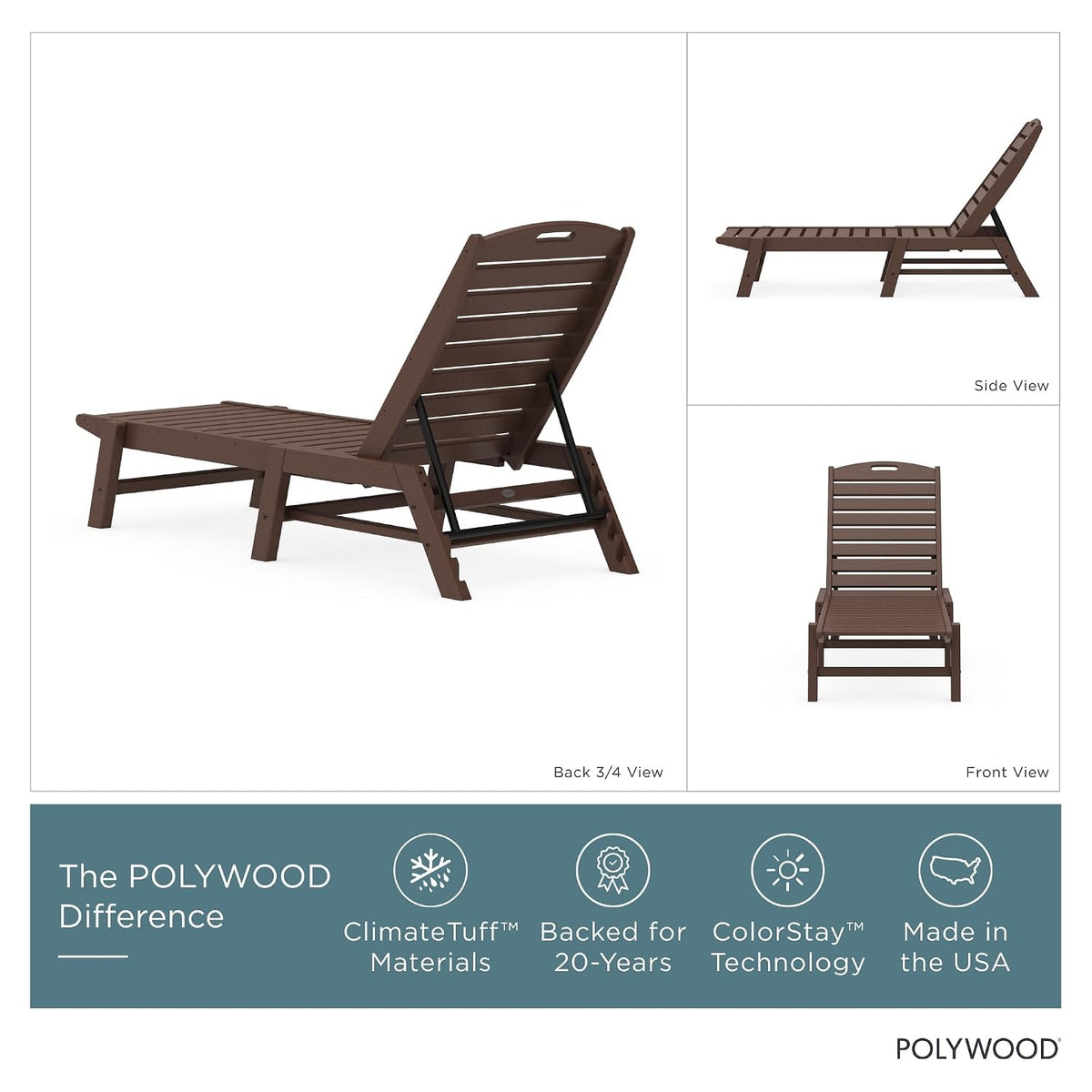 POLYWOOD Stackable Nautical Chaise, Mahogany