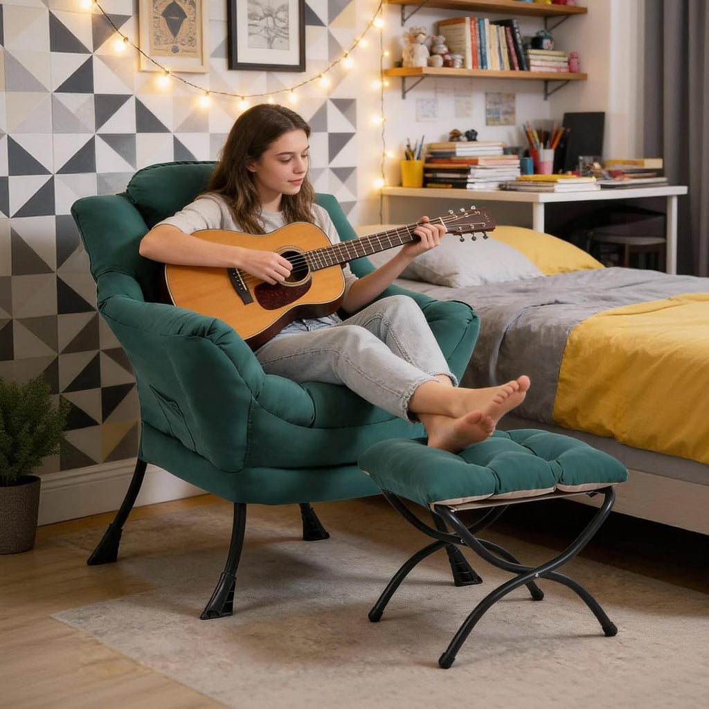Modern Lazy Chair with Ottoman, Comfy Accent Reading Chair, Dark Green
