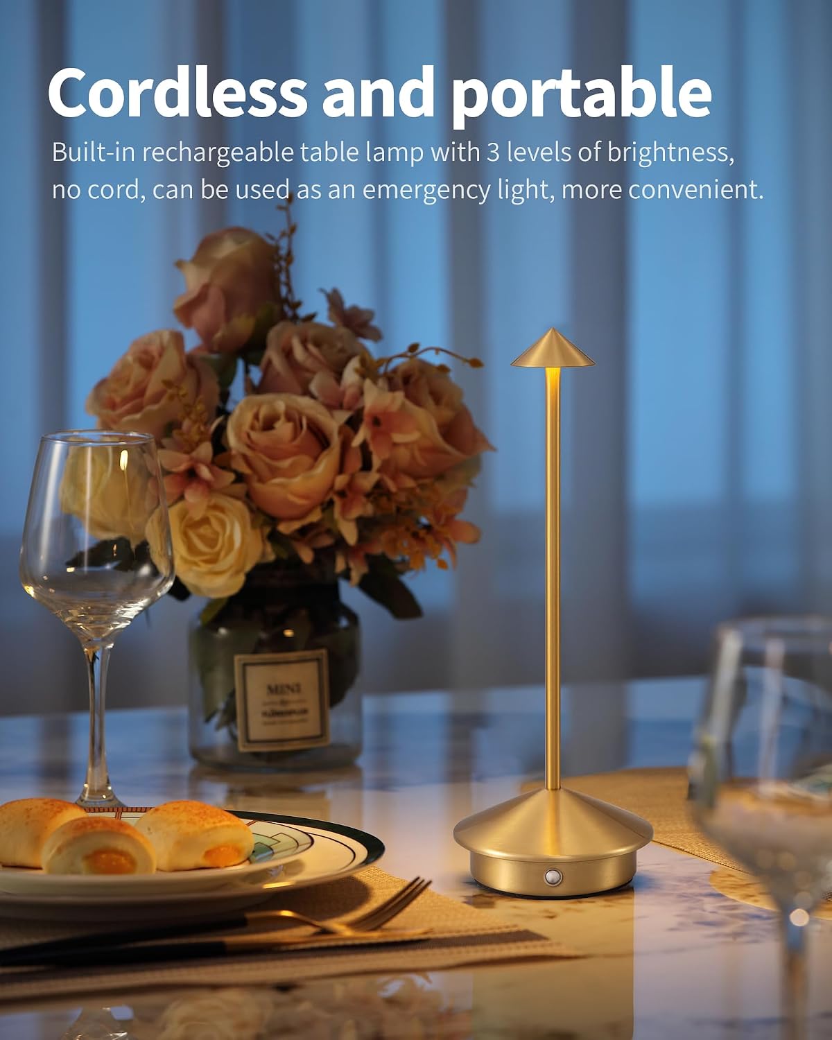 modern cordless table lamp set of 2, gold shown in use