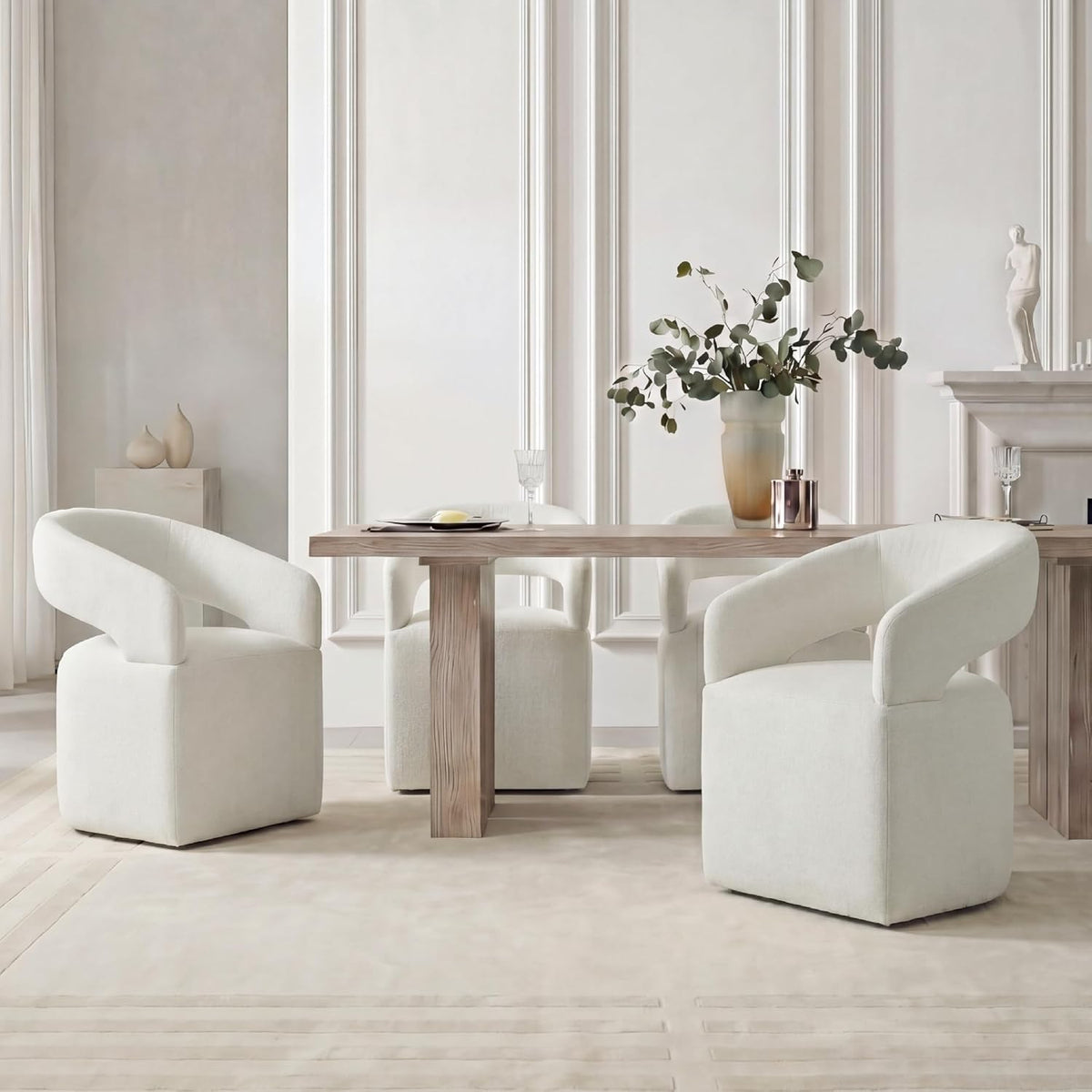 KISLOT Upholstered Dining Chairs Set of 4, Modern Arm Kitchen & Dining Room Chairs with Hidden Casters, Linen Fabric Padded Rolling Chairs, Sturdy Wood Frame, 300 lbs Capacity, Ivory White