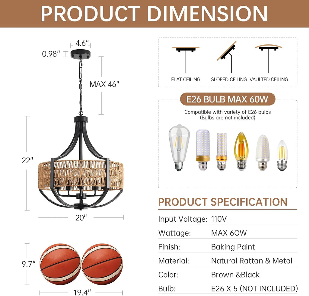 20" Rattan Chandelier, 5-Light Black Farmhouse Pendant Light