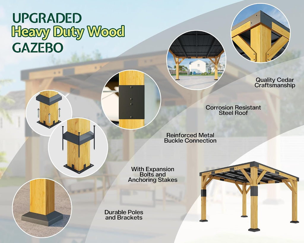 Jocisland 10' x 12' Cedar Wood Gazebo with Sloped Galvanized Steel Roof