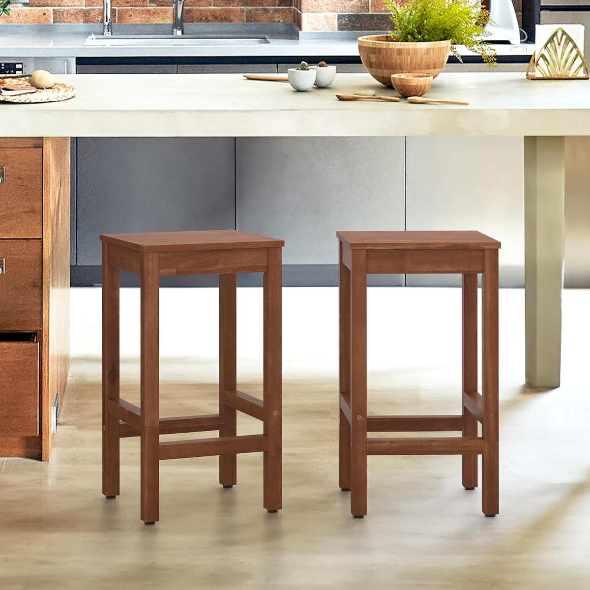 Cozyman 26 Inch Bar Stools Set of 2, Counter Height Bar Stool with Footrest, Acacia Wood Bar Chairs for Kitchen Island, Dining Room, Cafe, Bar Counter, Teak Brown