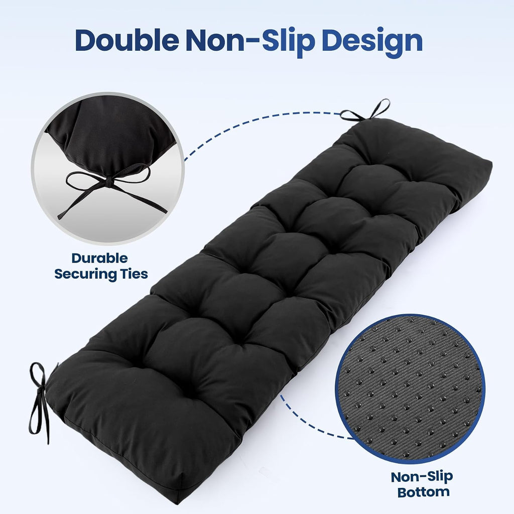 IASEAHK Outdoor Bench Cushion 48x18x5 Inch, Waterproof & Fade-Resistant Patio Furniture Cushions, Tufted Memory Foam Indoor/Outdoor Cushions for Couch Swing with Non-Slip Backing & Straps, Black