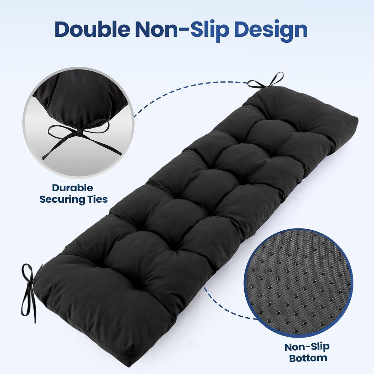 IASEAHK Outdoor Bench Cushion 48x18x5 Inch, Waterproof & Fade-Resistant Patio Furniture Cushions, Tufted Memory Foam Indoor/Outdoor Cushions for Couch Swing with Non-Slip Backing & Straps, Black
