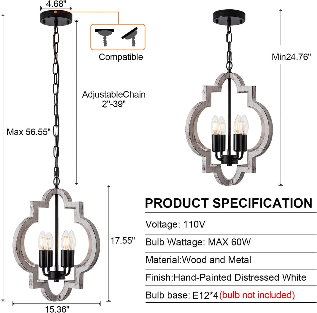 4-Light 15" Farmhouse Orb Chandelier Rustic Handmade Distressed White Wood Hanging Ceiling Pendant Light Fixture Wood Lantern Chandeliers for Dining Room Kitchen Bedroom Foyer Hallway