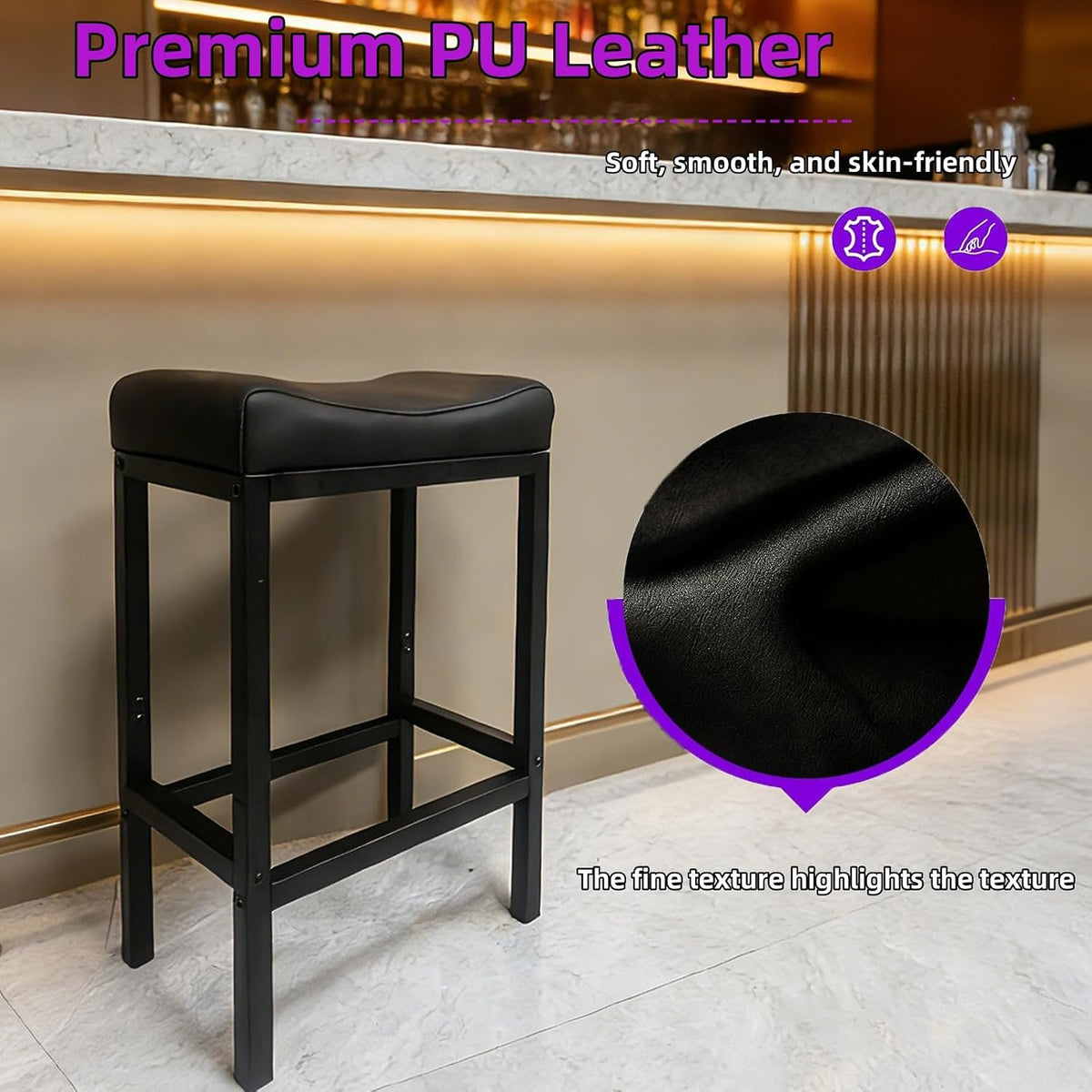 Bar Stools Set of 2, 30 Inch Backless Counter Height Bar Stools with Soft Faux Leather Seat, 300 LB Heavy Duty Padded Saddle Barstool Chair for Modern Kitchen Island Counter (Black)