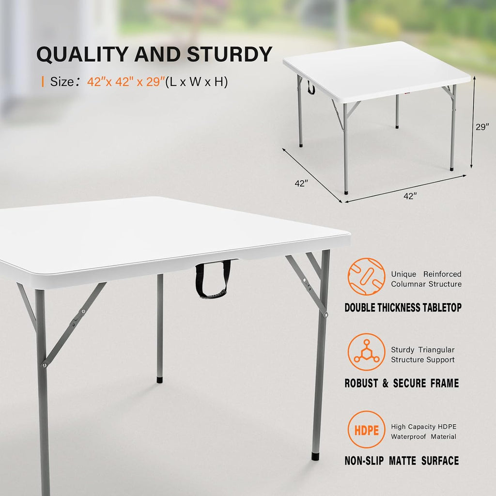 VINGLI 42" Fold in Half Square Table, Bi-Folding Commercial Portable Plastic Dining Table for Kitchen Outdoor Party Wedding Event, White
