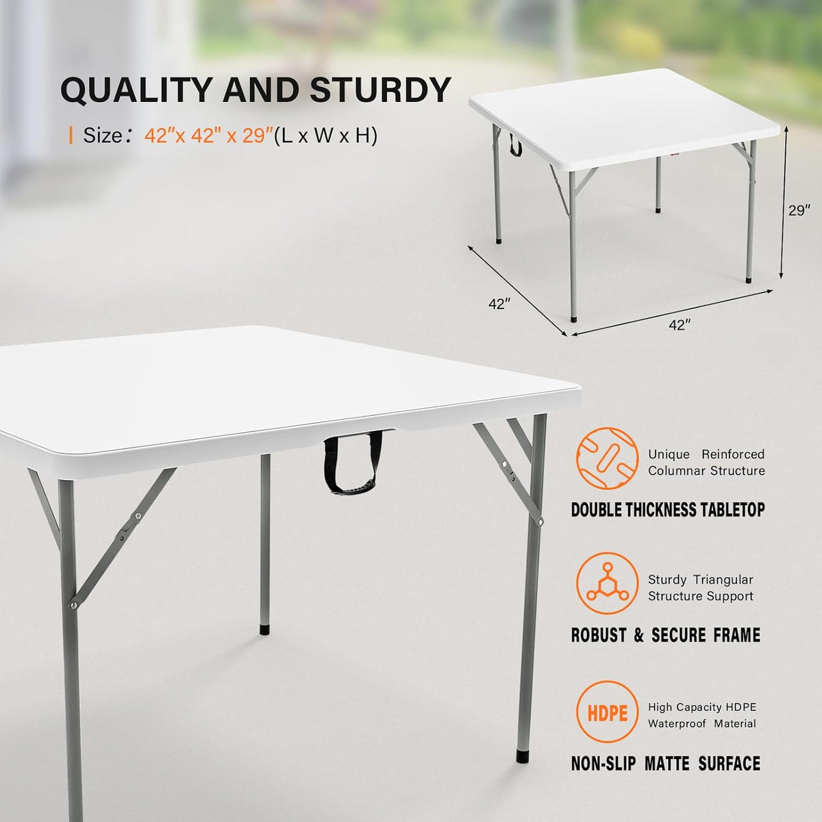 VINGLI 42" Fold in Half Square Table, Bi-Folding Commercial Portable Plastic Dining Table for Kitchen Outdoor Party Wedding Event, White
