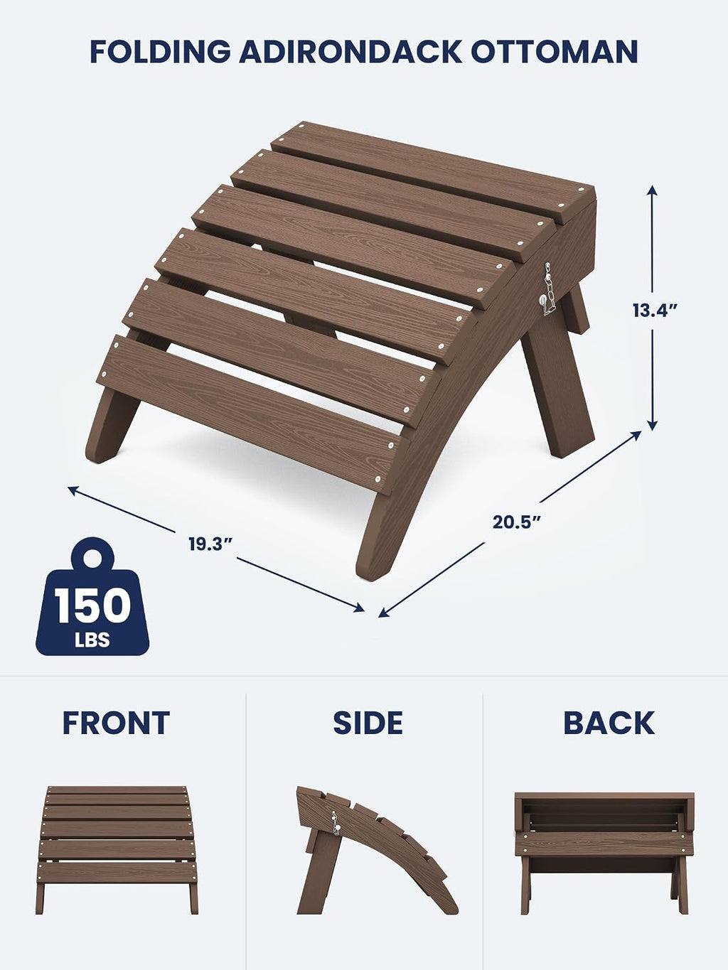 KINGYES Folding Adirondack Ottomans Set of 2 for Adirondack Chair, Brown