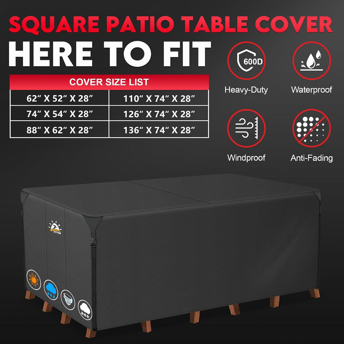 Zettum Patio Furniture Cover Rectangle - 74 Inch Outdoor Table Cover Waterproof & Heavy Duty, 600D Lawn Furniture Set Covers for Outside Rectangular Dining Table and Chairs Combo - 74 x 54 x 28 Inch