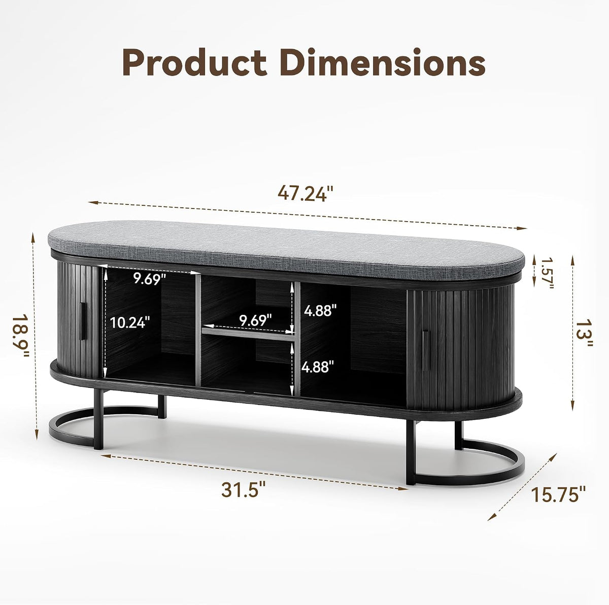 Decofy Shoe Storage Bench with Cushion and Sliding Doors, 47.2 Inch Shoe Bench with Storage, Freestanding Entryway Bench with Storage, Sturdy Metal Feet, for Hallway & Entrance Hall, Black Walnut