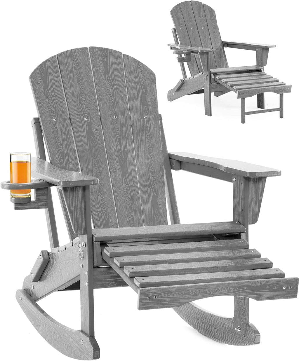Folding Adirondack Rocking Chair with Footrest, HDPE Adirondack 4-in-1 Multifunctional Outdoor Chair with Cup Holder, All Weather Adirondack Chair with Ottoman,Grey