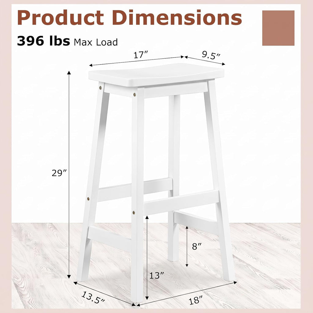 COSTWAY 29-inch Solid Wood Saddle Stools Set of 2 with Footrests, White