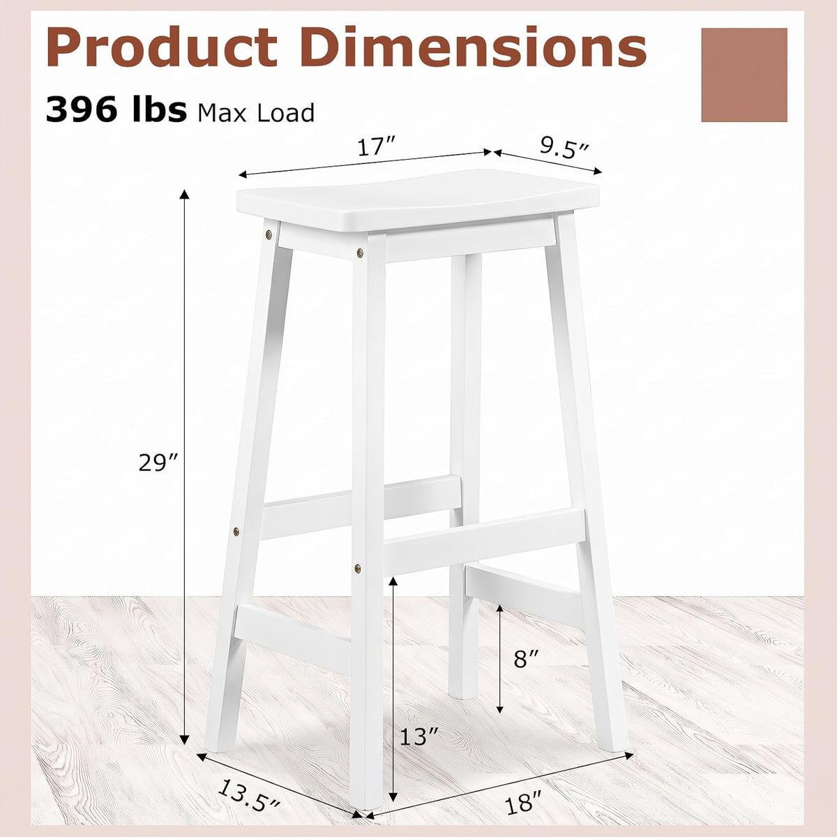 COSTWAY 29-inch Solid Wood Saddle Stools Set of 2 with Footrests, White