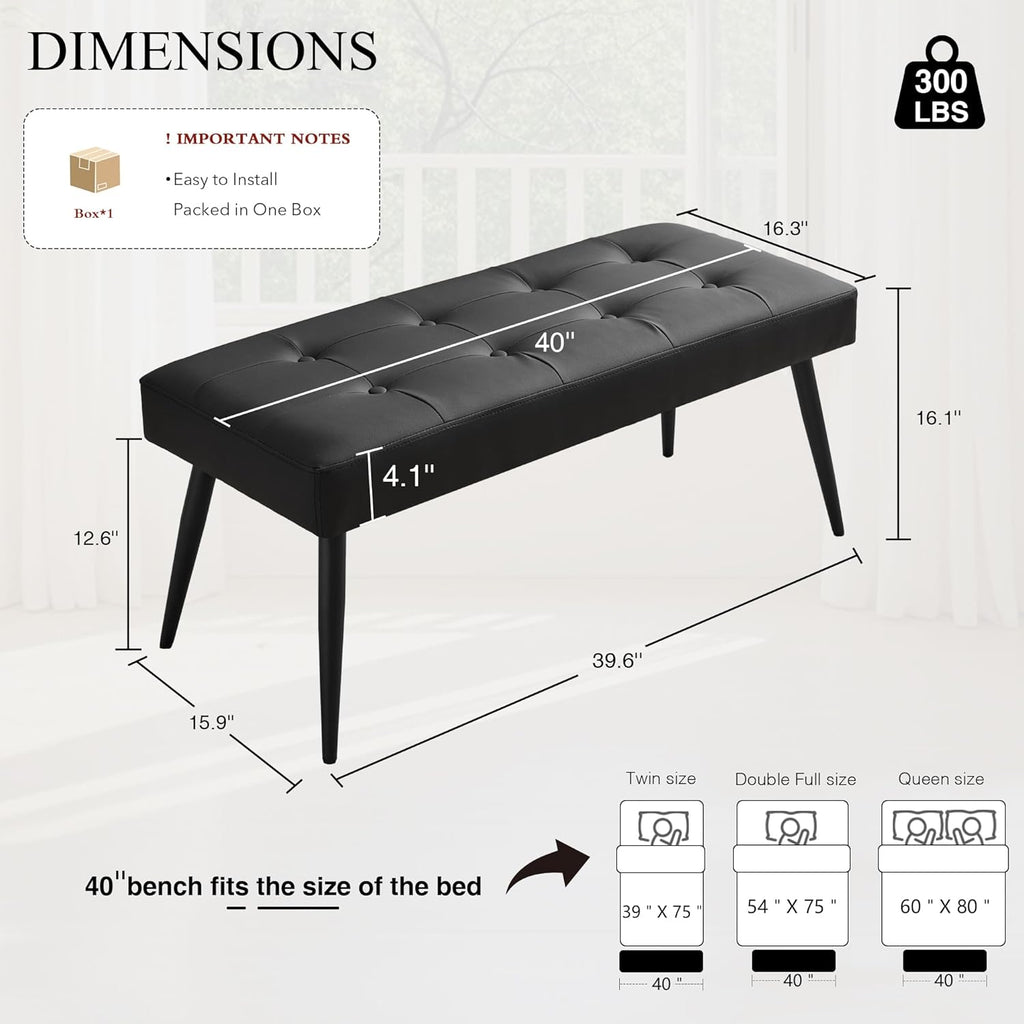 LOULENS Faux Leather Entryway Bench, Modern Upholstered Bench, Matte Black