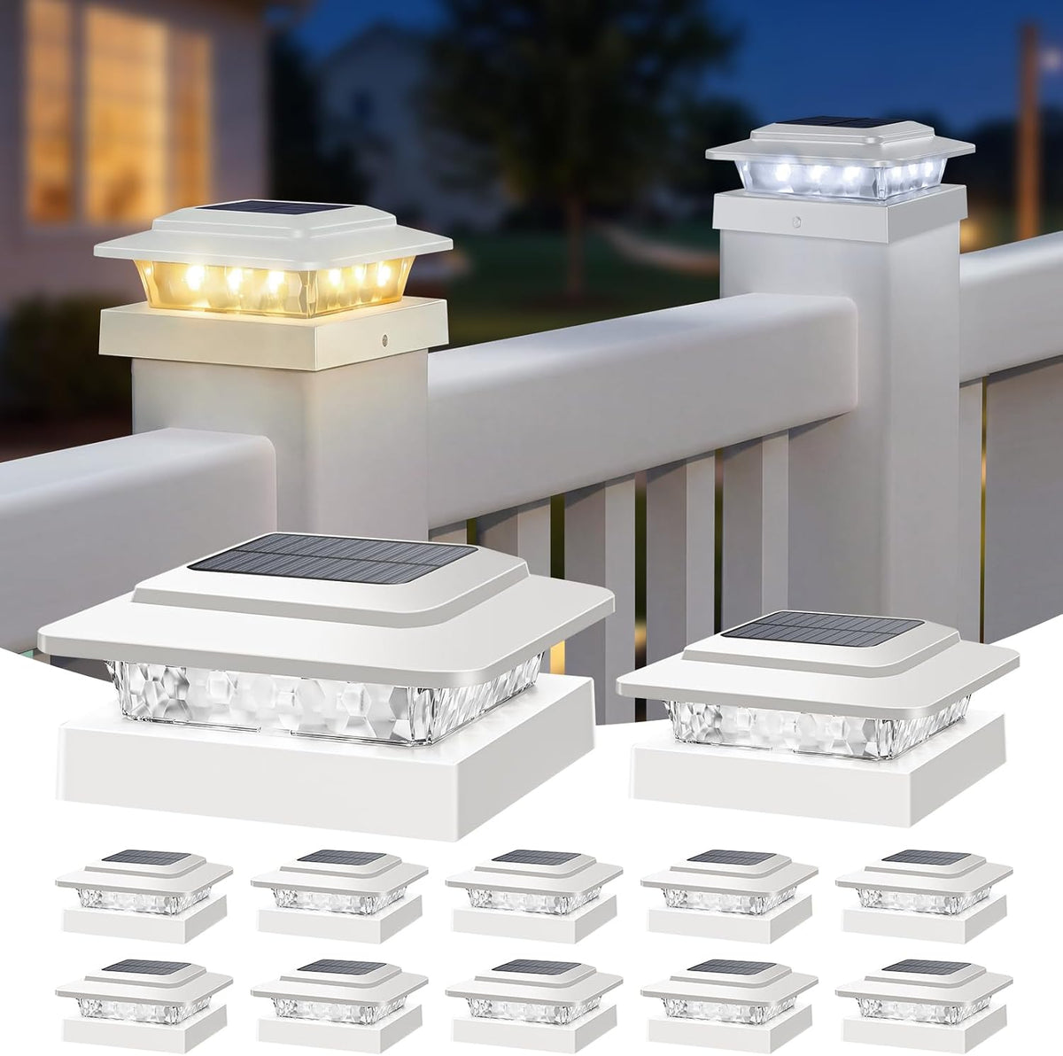 kolpop 4x4 Solar Post Cap Lights Outdoor 12Pack- 3 Color Temperatures&2 Level Brightness, IP65 Waterproof, 16 LED Fence Deck Post Light Solar Powered Only for 4×4/3.5×3.5 Wood/Vinyl Posts(White)