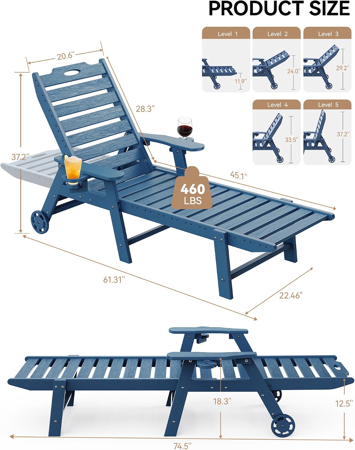 Carauci Lounge Chair Outdoor, HDPE Chaise Lounge with Wheels, 5-Position Adjustable Backrest & 2 Cup Holders Patio Lounge Chair, All-Weather Pool Sun Lounger for Poolside, Backyard, Blue