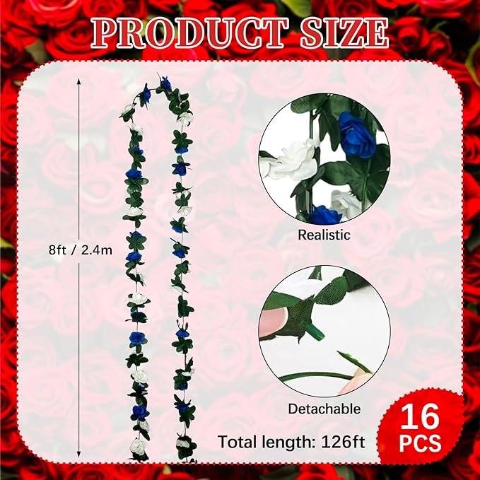 16Pcs 126Ft Royal Blue&White Rose Garland, Fake Rose Hanging Flowers, Artificial Flower Vine, Hanging Floral Vine Garland for Wedding, Wall Arch, Halloween, Christmas Garden Backdrop Decor