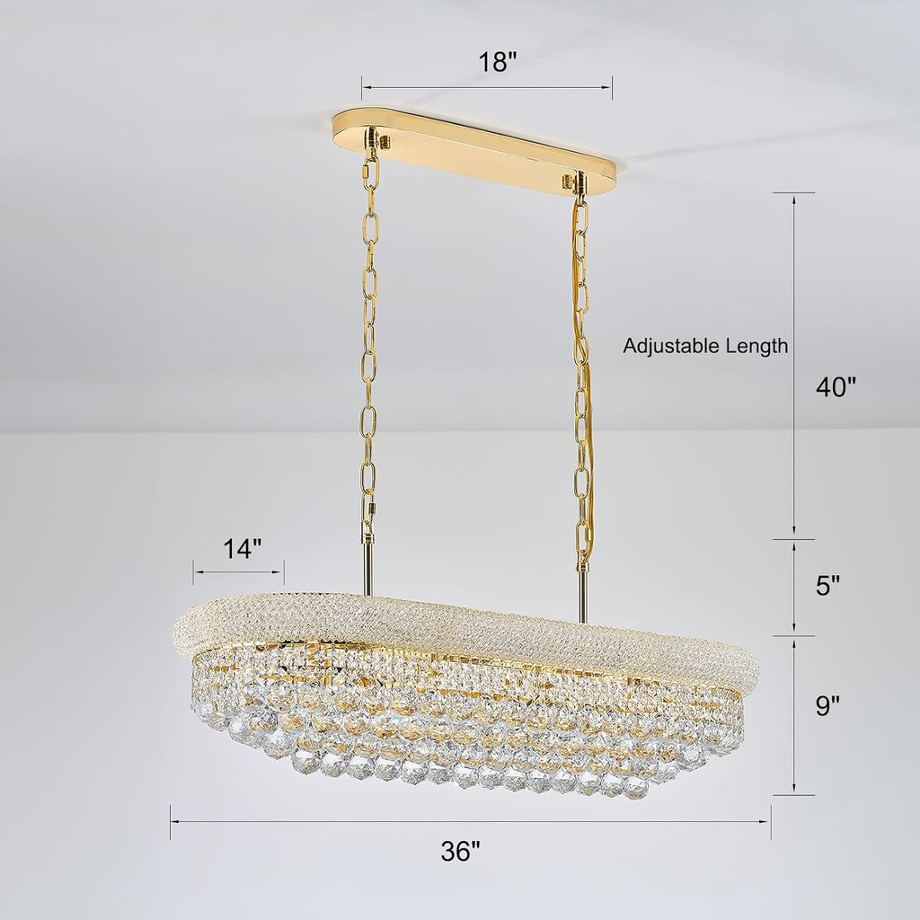 Rectangle Crystal Chandeliers for Dining Room, L36 inch Rectangular Oval Light for Kitchen Island (Gold)