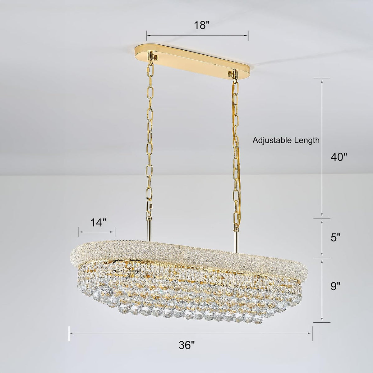 Rectangle Crystal Chandeliers for Dining Room, L36 inch Rectangular Oval Light for Kitchen Island (Gold)