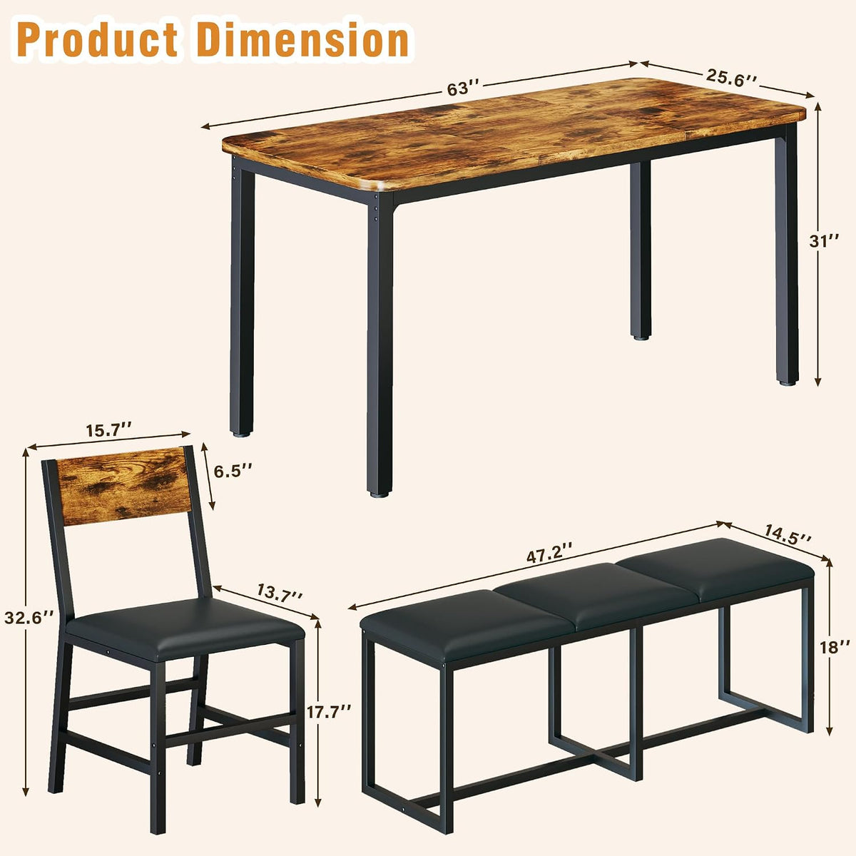 5-Piece Dining Table Set for 6, 63'' Long Kitchen Table Cushion Chairs Set with PU Bench and 3 Chairs, Rectangle Dining Table with Metal Frame & MDF Board, Space-saving for Small Apartment, Rustic