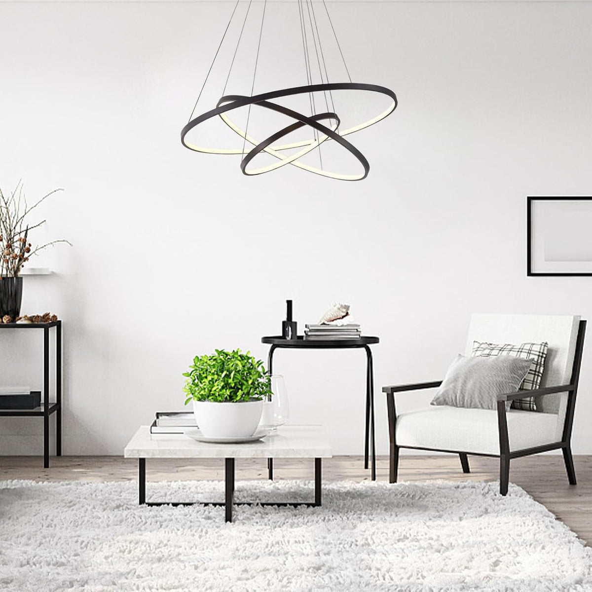 LightInTheBox Modern LED Chandelier 3 Ring Chandelier Dimmable Circular Dining Ceiling Pendant Light for Dinning Room Living Room 60+40+20cm (Black; Light Source: Stepless Dimming)