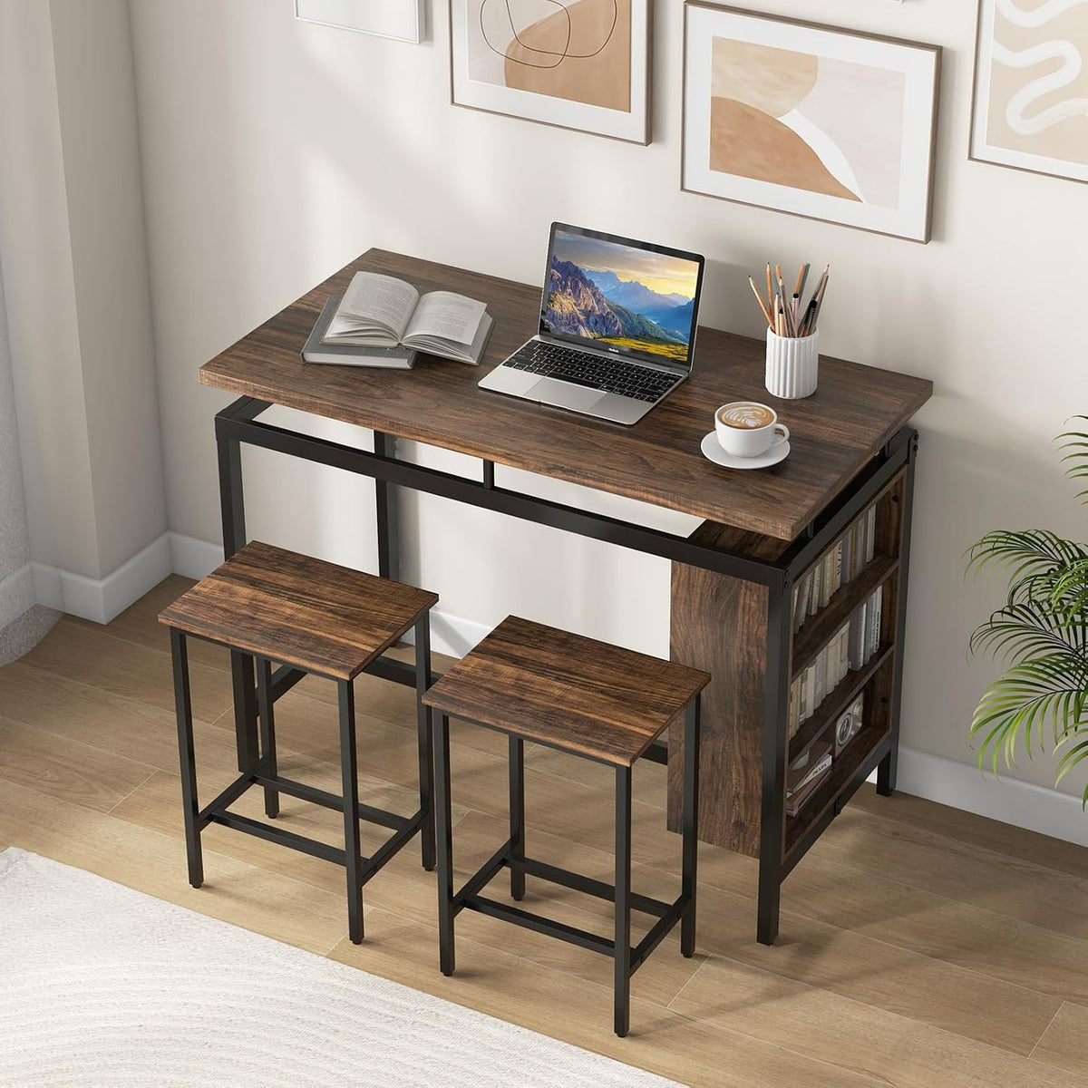 GIANTEX 3-Piece Dining Table Set - Counter Height Dining Table Set with 2 Bar Stools, 3-Tier Storage Shelf, Space-Saving Breakfast Nook Table Set for Small Places, Kitchen Table Chairs Set for 2