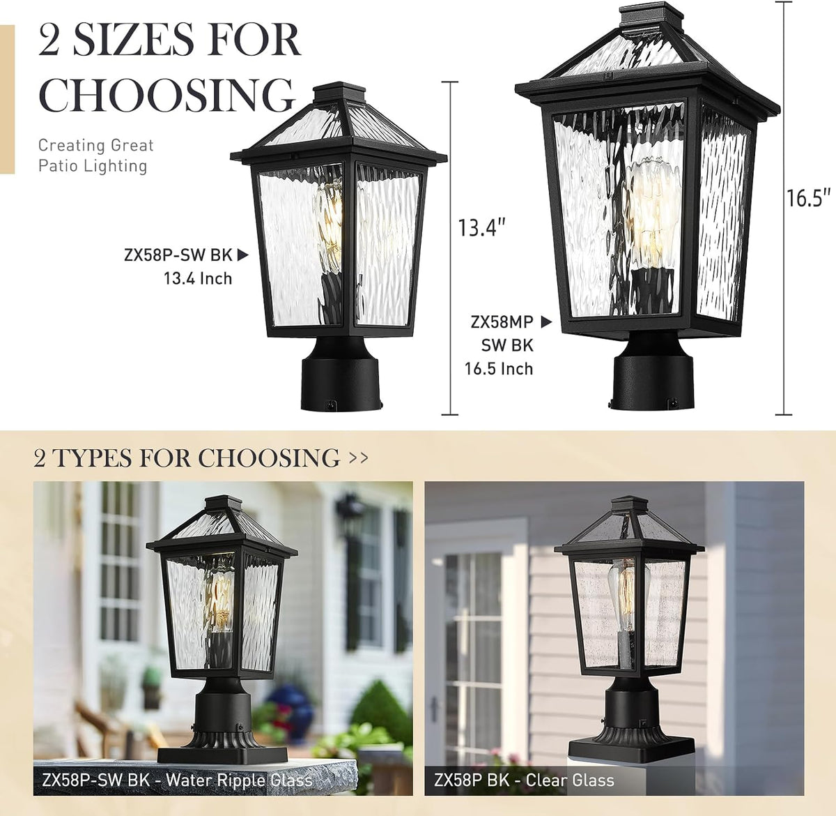 zeyu 13.4 Inch Outdoor Patio Post Lighting, Exterior 2 Pack Post Light Fixtures for Patio Yard, Die-Cast Aluminum with Water Ripple Glass, Black Finish, ZX58P-2PK-SW BK