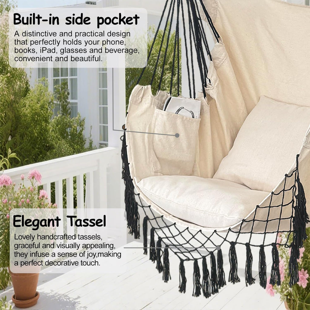 Hammock Chair Hanging Rope Swing Chair,Max 450 Lbs, Large Hanging Chair with Pocket, 2 Cushions, Removable Steel Bar, Hardware Kit Included, Sturdy and Comfortable for Indoor Outdoor (Beige)