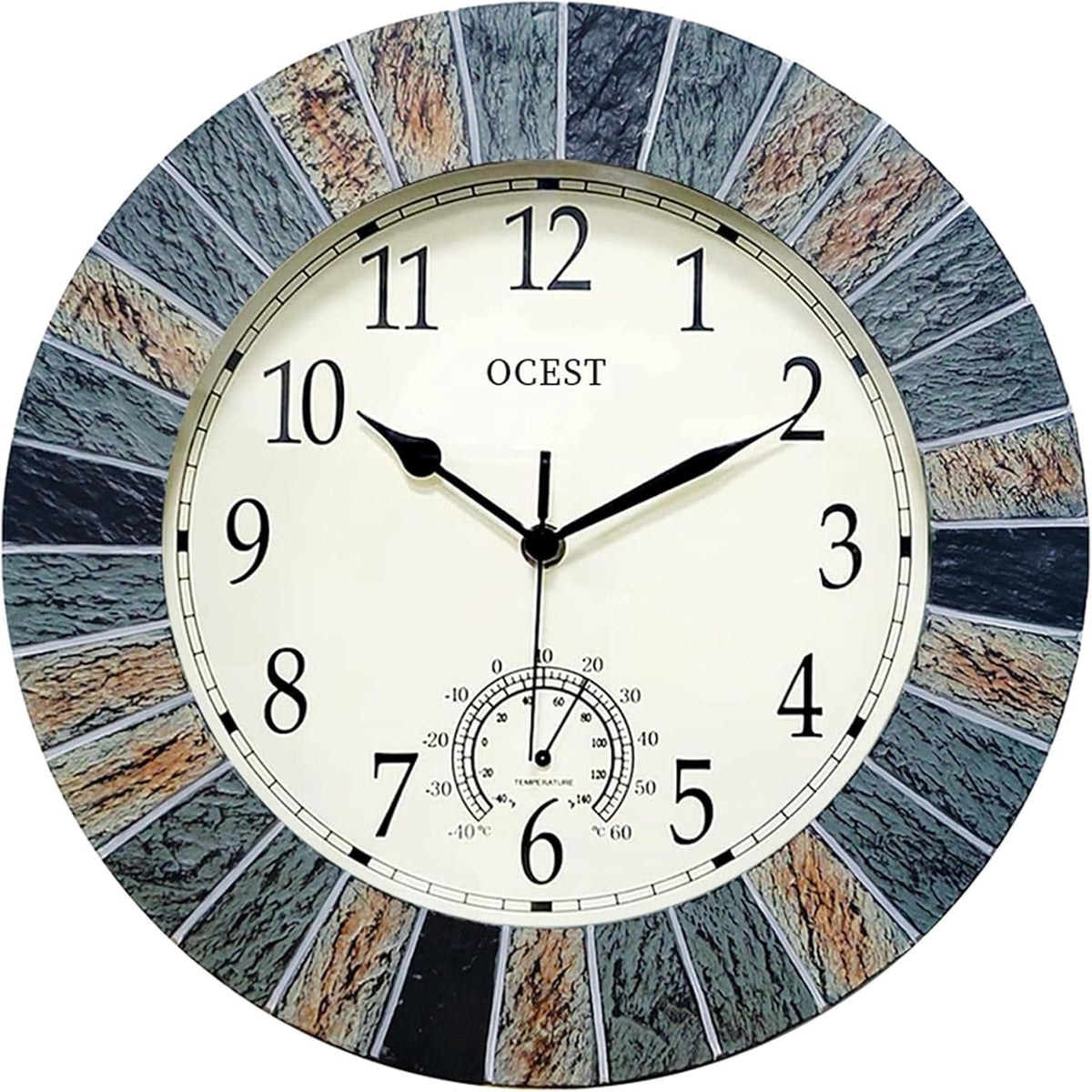 OCEST 13 Inch Waterproof Indoor Outdoor Wall Clock with Thermometer, Brown