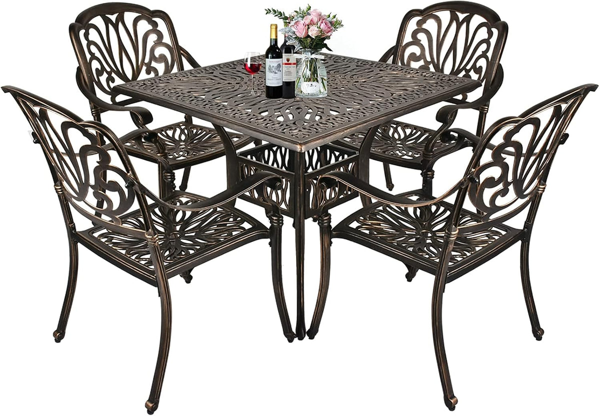 TITIMO 5-Piece Outdoor Patio Dining Set, Cast Aluminum Patio Furniture Set, 4 Chairs and 35.4" Square Table with 2.2”Umbrella Hole, Cast Aluminum Conversation Set for Yard Garden Porch Poolside