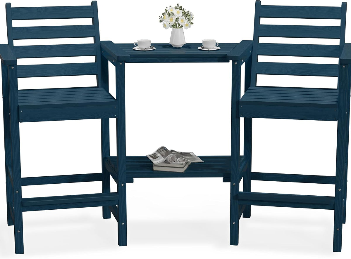PLUUV Tall Adirondack Chairs Set of 2 with Double Table Trays, Navy