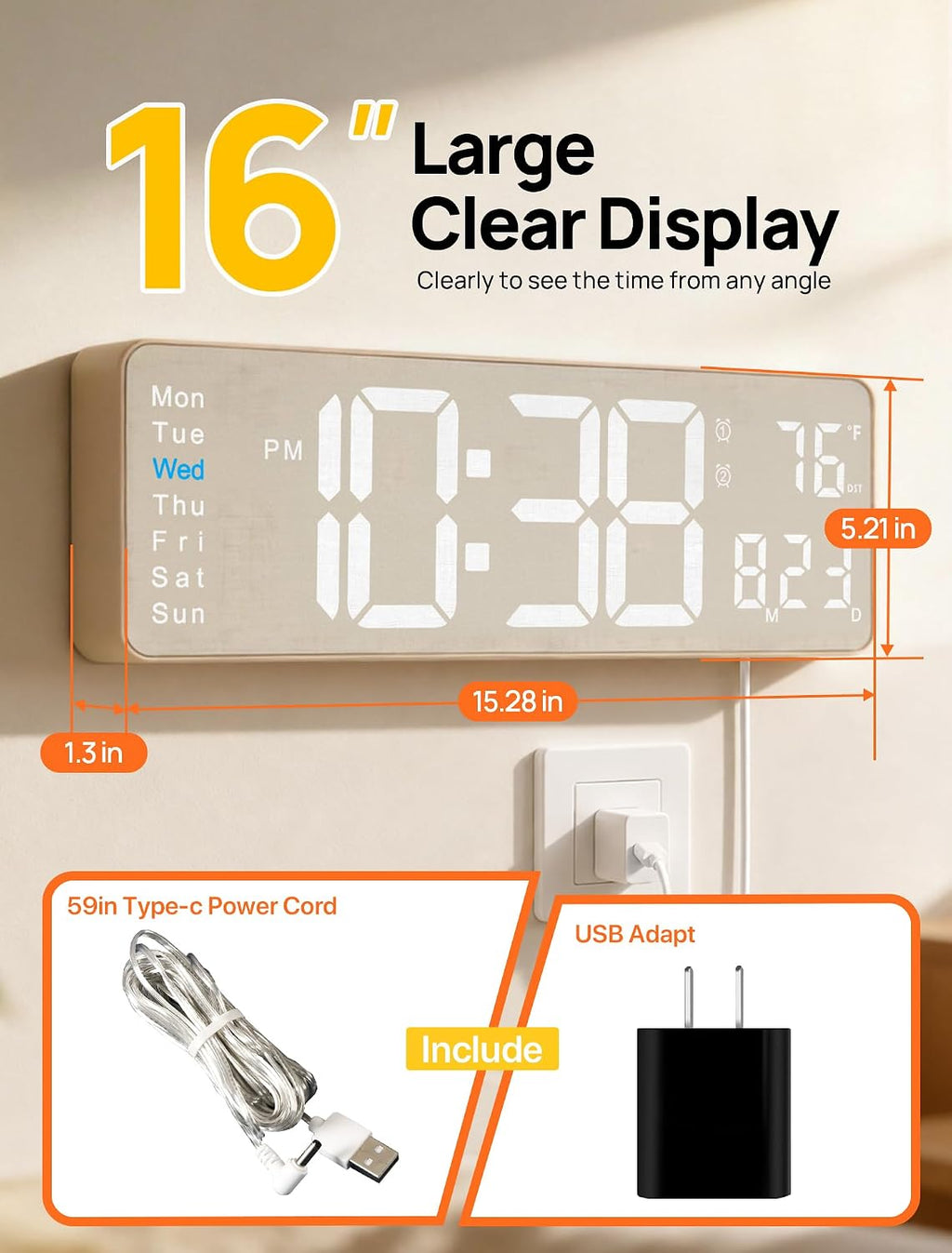 MASHI 2026 Upgrade Digital Wall Clock, 16" Large Display Digital Clock with Remote Control, Auto-Dimming Wall Clock with Night Light, DST, Date Week,Temp for Living Room, Gift for Elderly (Beige)