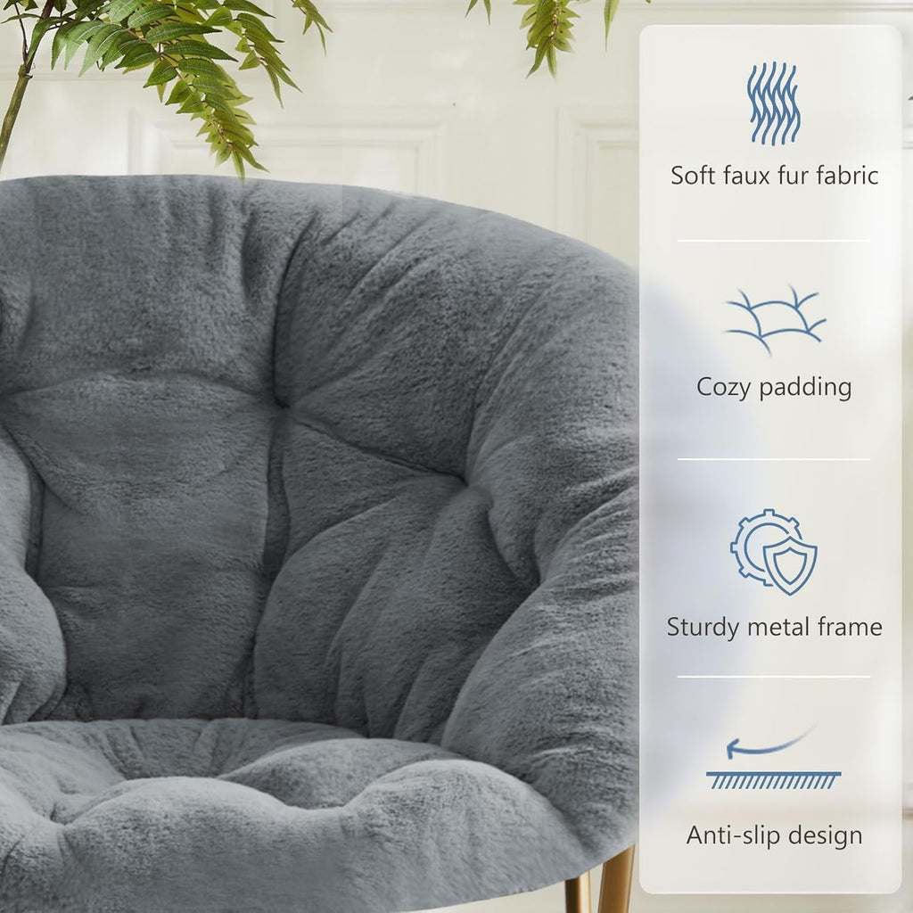 Simple Deluxe Cozy Chair, Faux Fur Saucer Chair for Bedroom, Comfy Foldable Moon Chair, Round Fluffy Chair for Living Room, Fuzzy Saucer Chairs for Adults Room, Gray