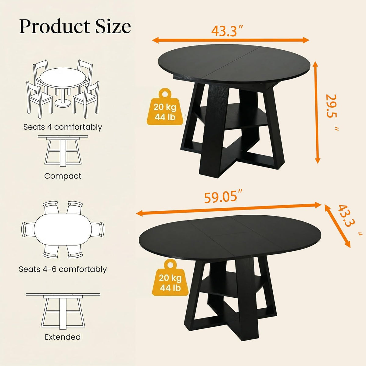 5 Piece Round Extendable Dining Table Set for 4, 43"-59" Black Wood Oval Expanding Kitchen Table with 4 Velvet Tufted Chairs, Space Saving Extendable Dining Room Tables with Storage Shelf
