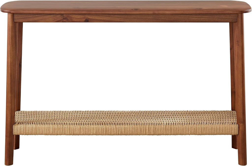 Calais Solid Wood Console Table with Woven Storage Shelf, Chestnut, 48 Inch