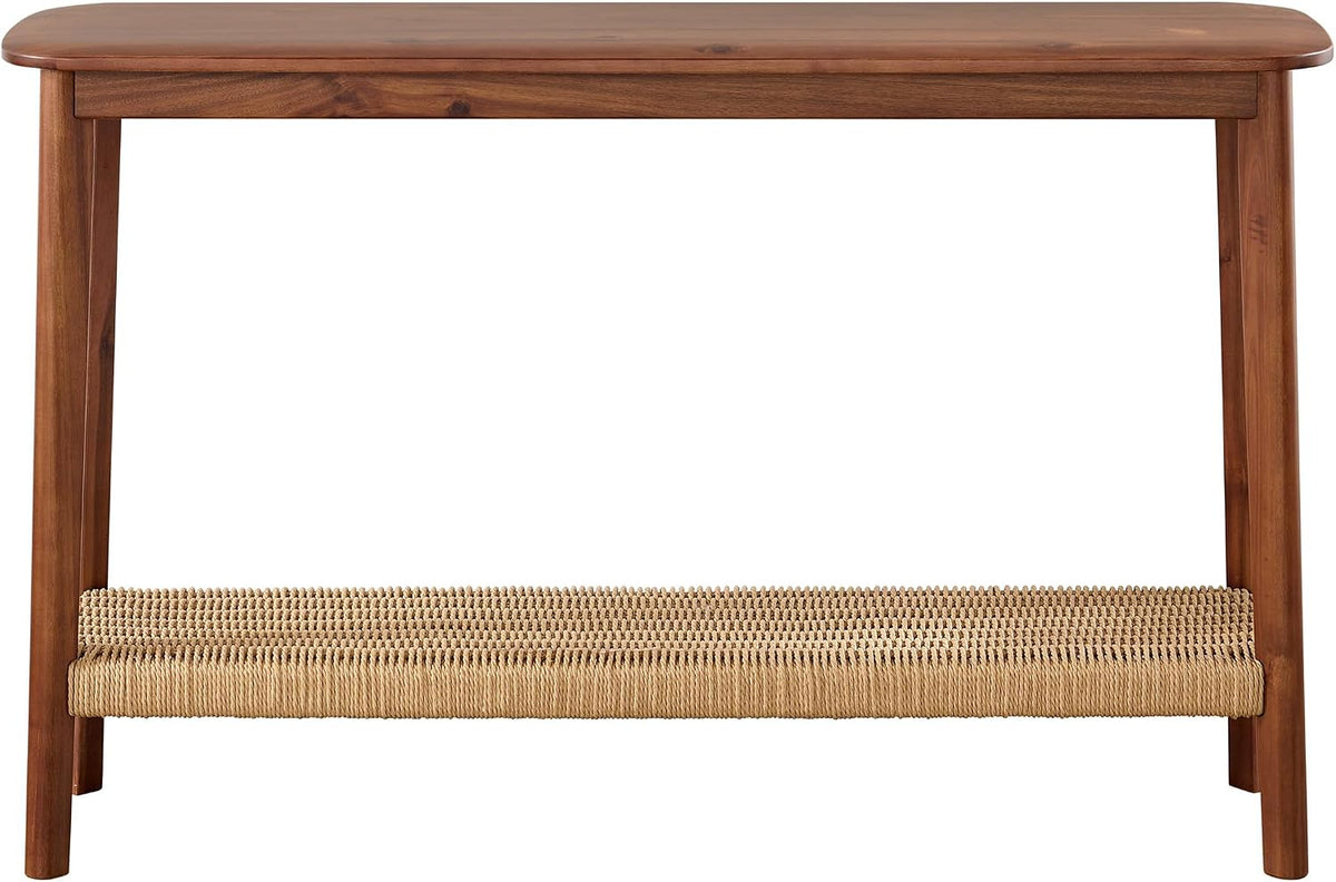 Calais Solid Wood Console Table with Woven Storage Shelf, Chestnut, 48 Inch