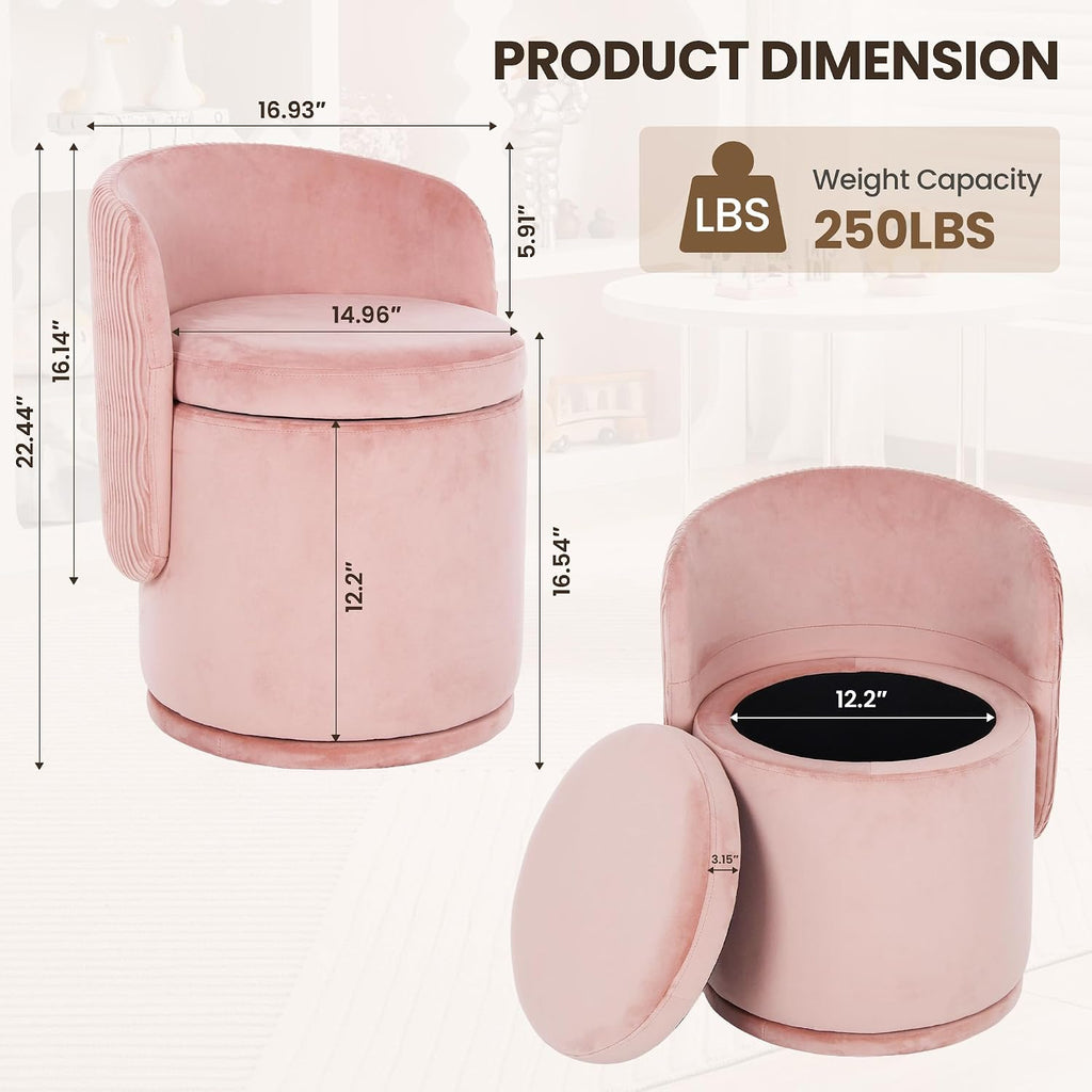 MALOL 360° Swivel Velvet Vanity Chair with Storage, Pink
