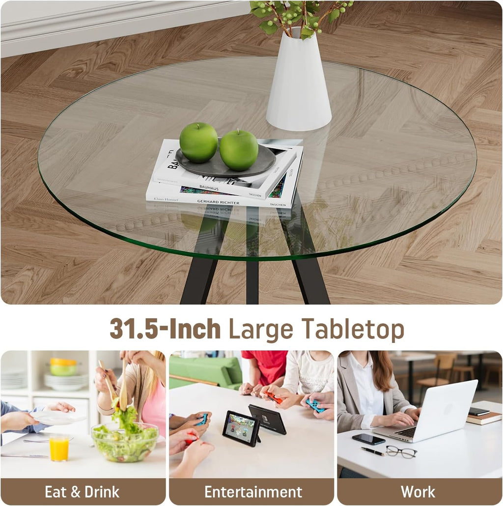 Round Bar Table, 37.4" High Pub Table, 31" Small Cocktail Table with Metal Base & Glass Top, for Small Spaces, Bistro Pub, Cafe(Black)