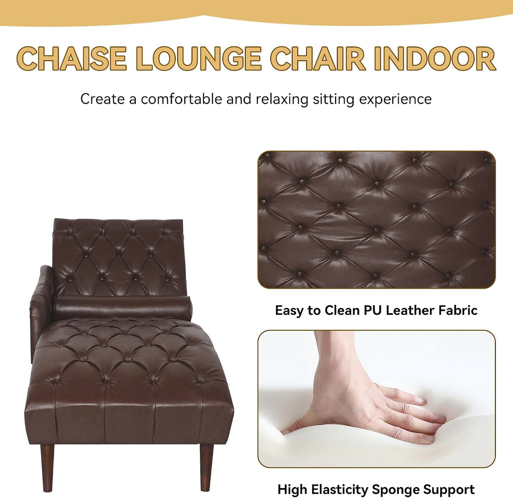 PU Leather Chaise Lounge Chair Indoor, Side Armrest, Dark Brown
