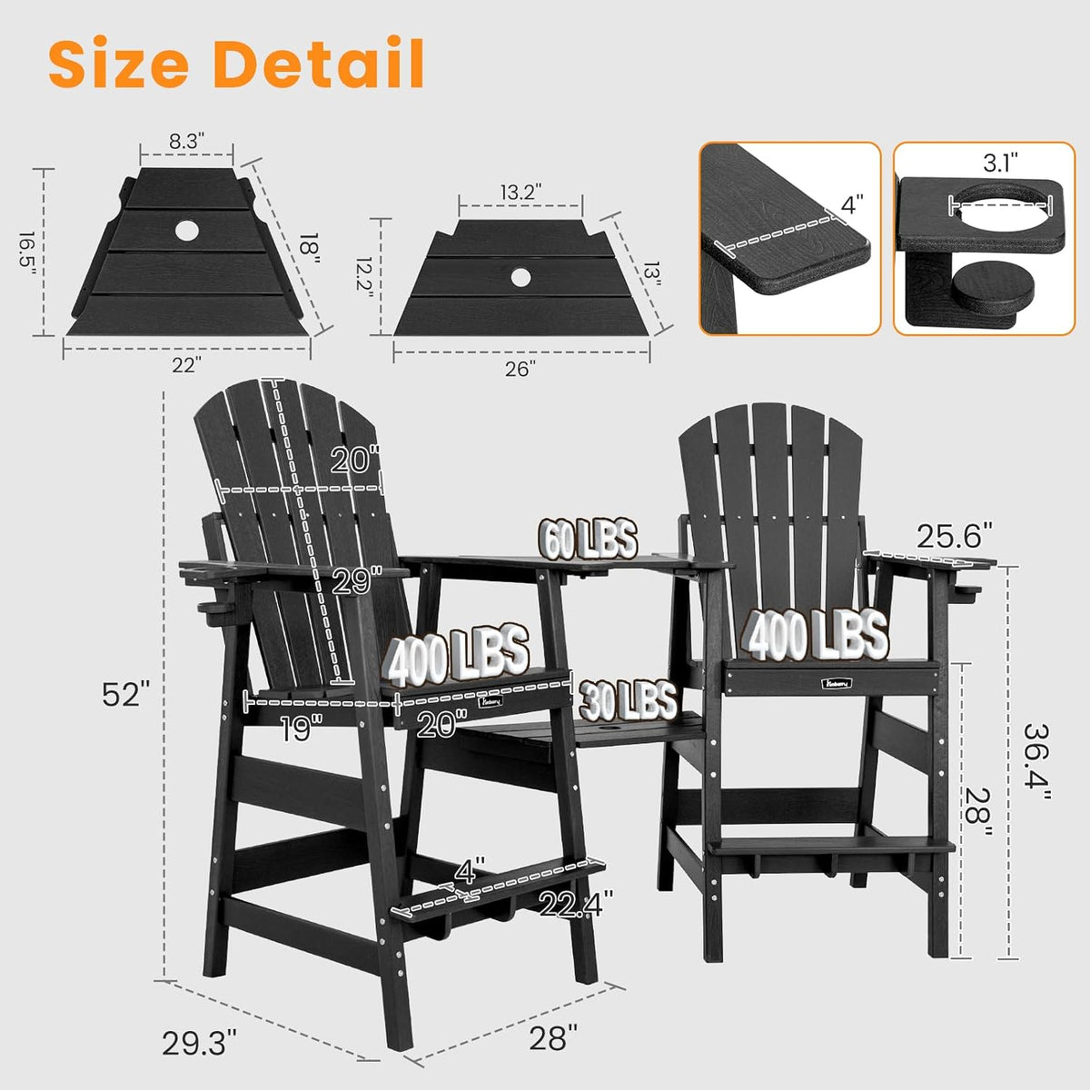 FUNBERRY Tall Adirondack Chair Set of 2 with Tables, High Top Balcony Chair