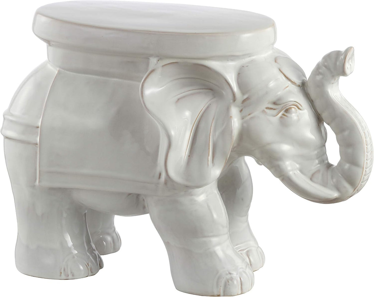 JONATHAN Y White Elephant Ceramic Garden Stool 14.25", Antique White