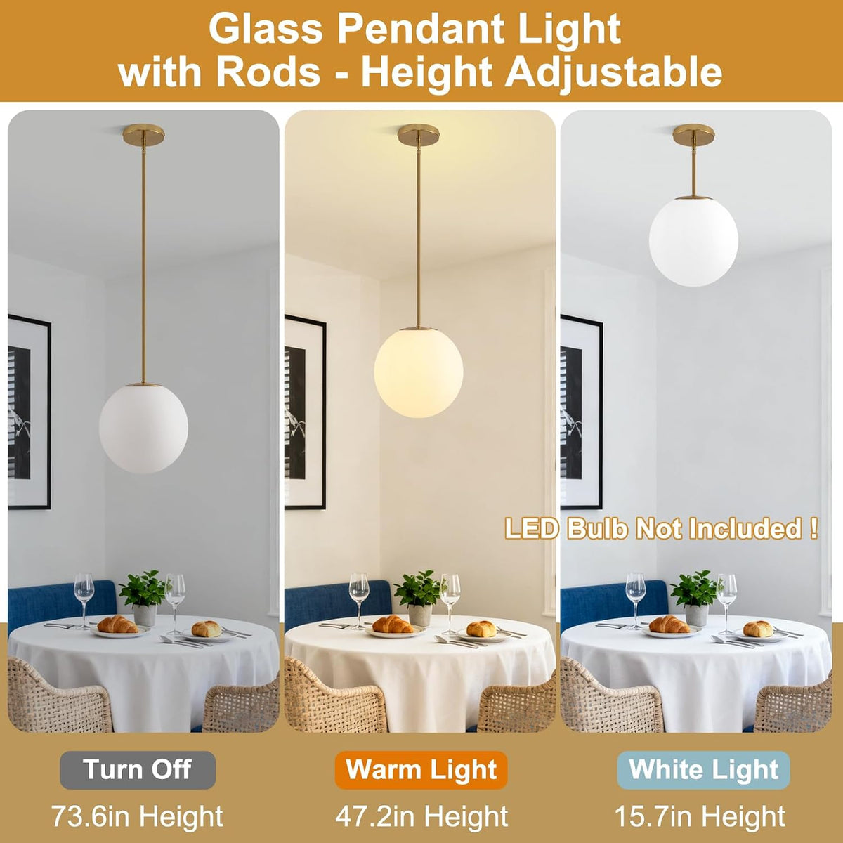 10in Milk Glass Pendant Light, Mid Century Modern Pendant Lights Kitchen Island, Brass Fininsh Hanging Light Fixture for Dining Room Over Table Sink Hallway, Gold & Milk 1 Pack