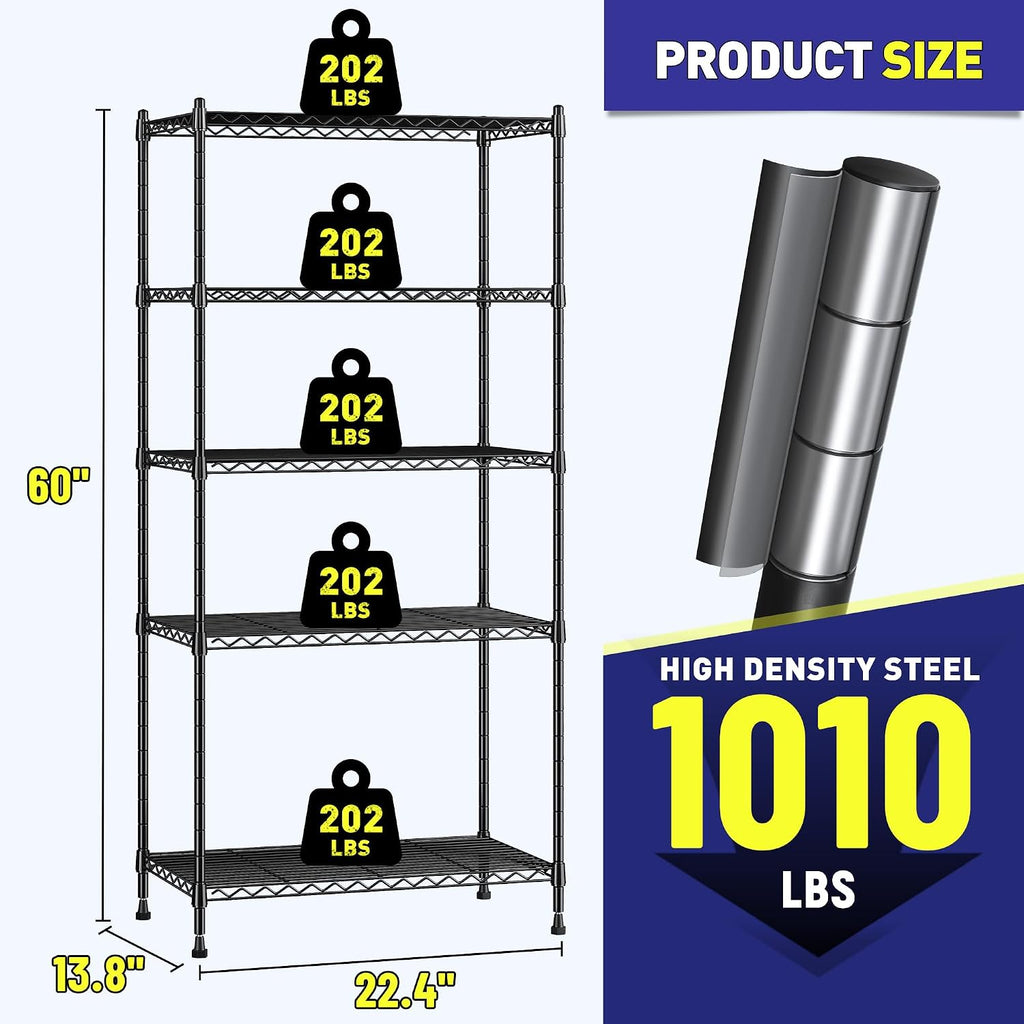 5 Tier Wire Shelving, 1010LBS Pantry Shelves Storage Shelves Adjustable Metal shelving UnitSturdy Steel Wire Shelf for Laundry Bathroom Kitchen Pantry Closet, 13.8"D x 22.4"W x 60"H, 4PCS