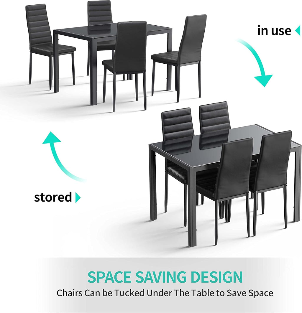Gizoon Black 5 Piece Glass Dining Table Set, Kitchen Table and Chairs for 4