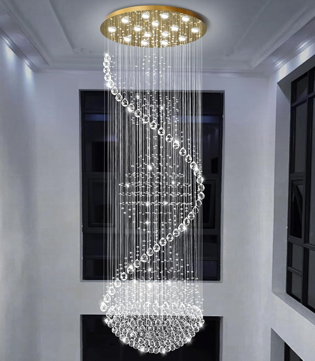 D40'' x H120'' Crystal Chandelier High Ceiling Chandeliers for Staircaes Large Raindrop Chandeliers LED Dimmable Flush Mount Light Fixtures for Foyer Hallway Entryway LED Bulbs Included Gold