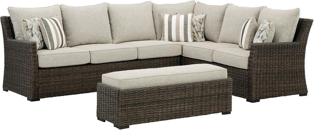 Signature Design by Ashley 3-Piece Patio Sectional with Bench, Brown