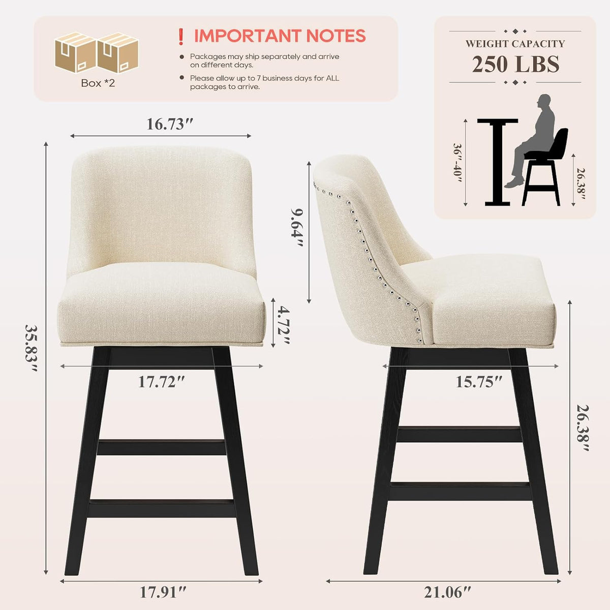 MALOL 27" Swivel Bar Stools Set of 3, Upholstered Barstools with Padded Seats and Solid Wood Legs, Counter Height Kitchen Stools for Kitchen Island, Breakfast Nook, Beige