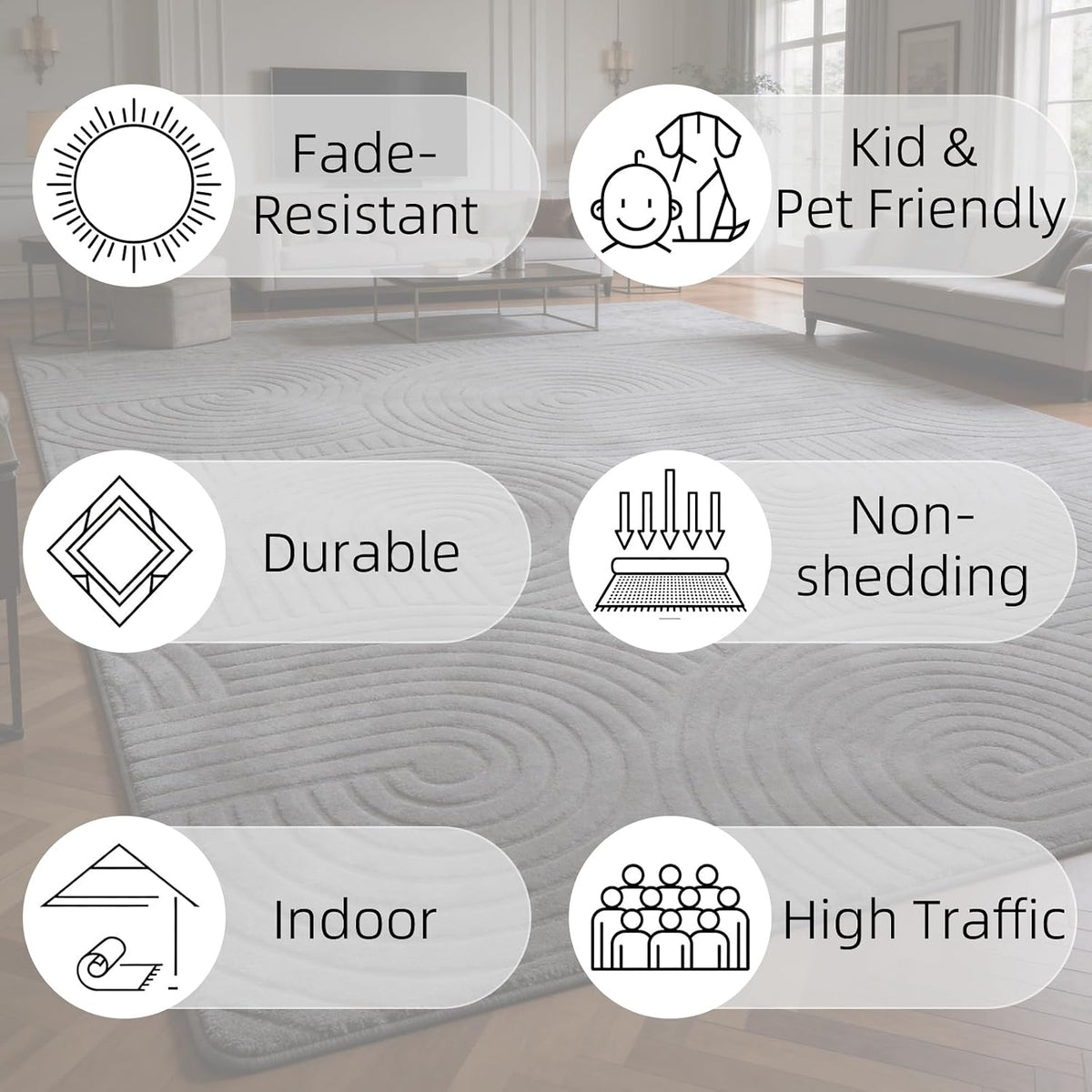 Grey Geometric 5x7 Solid Area Rug, Washable for Living Room Bedroom